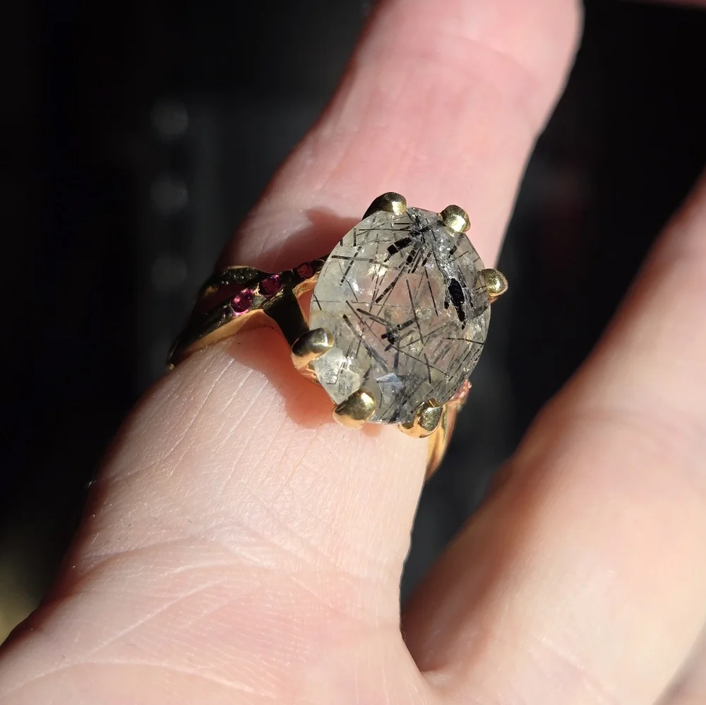 Rutil quarts 5k & Rhodolite sterling & gold infinity ring sz7.5 - Picture 6 of 9